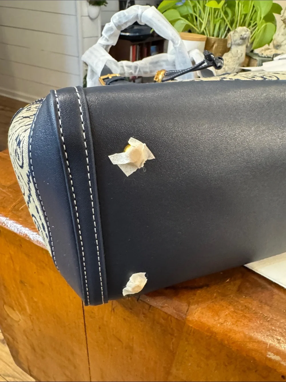 Tory Burch Navy and Cream Logo Canvas Tote with Gold Hardware